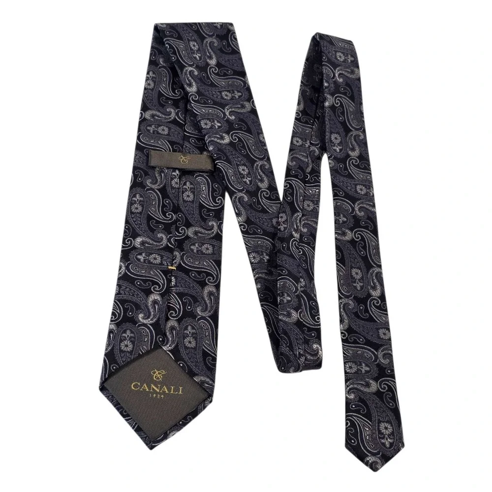 CANALI Paisley Silk Tie Black Silver Made‎ in Italy Men's Formal Luxury Power